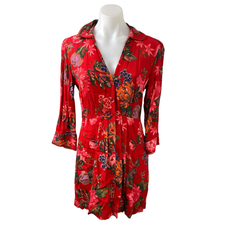 ZARA Women's Red Multicolor Floral 3/4 Sleeve Mini Button Down Shirt Dress Sz XS