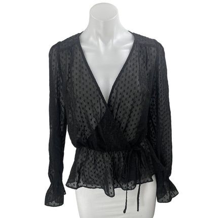 Aqua Black Long Sleeve Mesh Sheer Polka Dots Peplum Wrap Blouse Top Size S