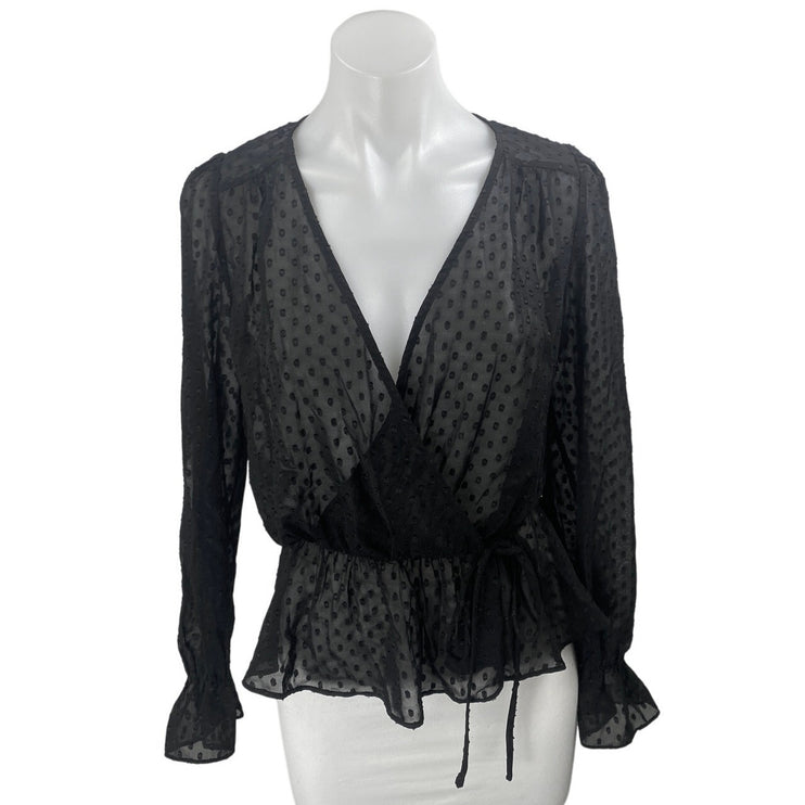 Aqua Black Long Sleeve Mesh Sheer Polka Dots Peplum Wrap Blouse Top Size S