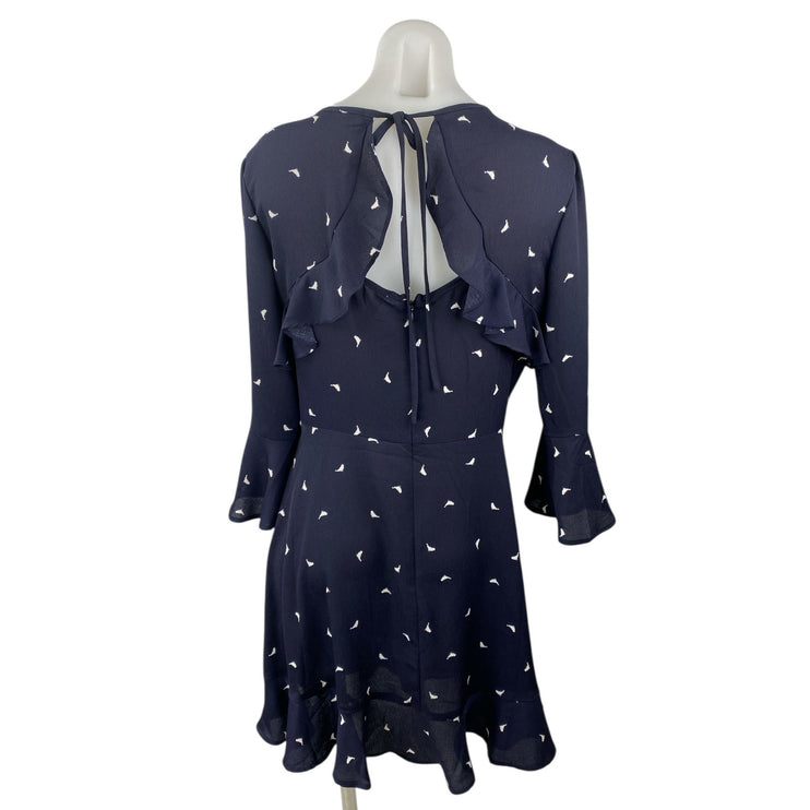 Xhilaration Blue Bird Print Ruffle Keyhole Long Sleeve Mini Flare A-Line Skirt M