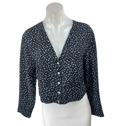 Madewell Blue Floral Long Sleeve V Neck Button Up Blouse Shirt Crop Top Size S