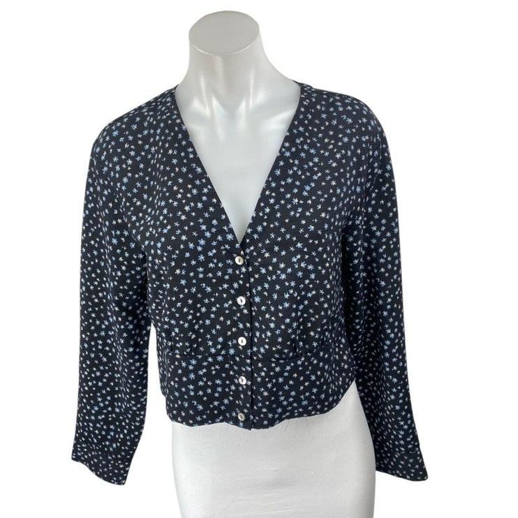 Madewell Blue Floral Long Sleeve V Neck Button Up Blouse Shirt Crop Top Size S