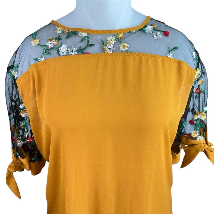 Shein Curve Orange Black Floral Embroidered Mesh Short Sleeve Blouse Top Sz 5XL