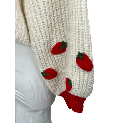 Cider Strawberry Women's Cream Chunky Knit Round Neck Long Sleeve Crop Sweater M