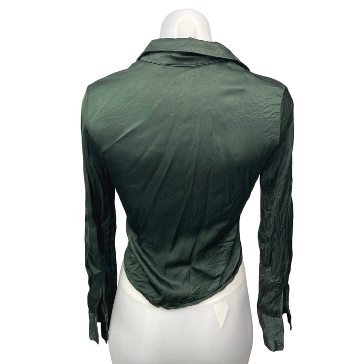 Zara Green Silk Satin Ruched Button Collar Long Sleeve Crop Shirt Blouse Top M