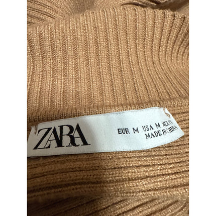 Zara Tan Long Balloon Sleeve Ribbed Knit Turtleneck Boxy Sweater Top Size M