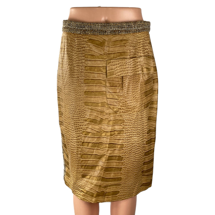 Tan Khaki Colorblock Croc-Embossed Faux Leather Vegan Pencil Mini Skirt Size 10