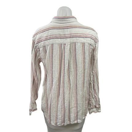 Gap White Pink Striped Linen Long Sleeve Pocket Button Down Shirt Top Size M
