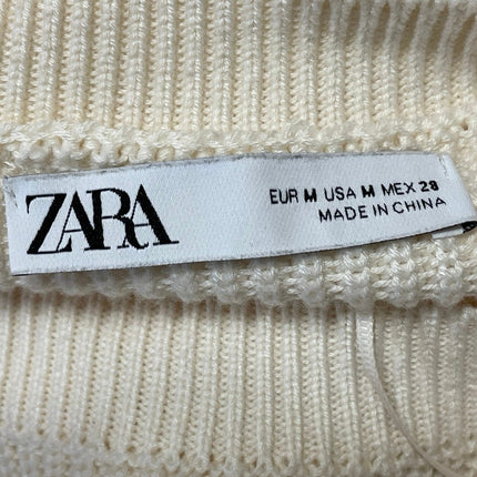 Zara Womens Cream Short Sleeve Ribeed Knit Pleated Maxi A-Line Sweater Dress M