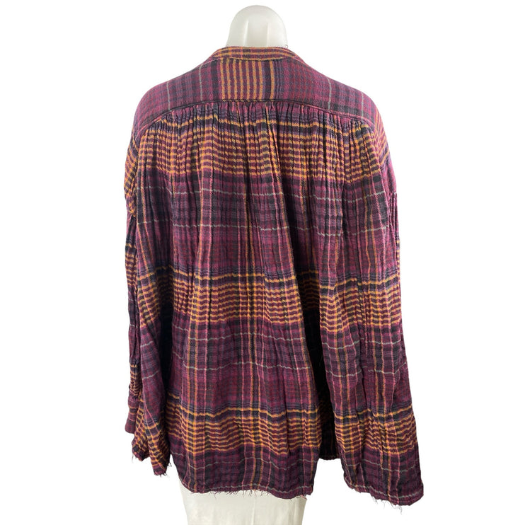 Free People Come On Over Plaid Loose Long Sleeve Button Up Tunic Shirt Top Sz M