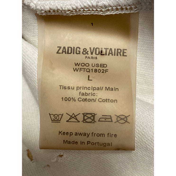 Zadig & Voltaire White Short Sleeve Distressed Crew Neck Tee T-shirt Top Size L