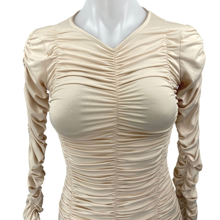 SNDYS Women's Beige Tan Ruched Stretch Long Sleeve Mini Bodycon Dress Size S