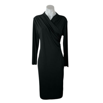 H&M Black Long Sleeve Faux Wrap V Neck Stretch Formal Midi Sheath Dress Size L