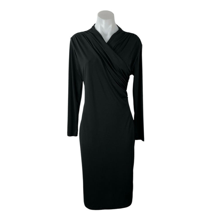 H&M Black Long Sleeve Faux Wrap V Neck Stretch Formal Midi Sheath Dress Size L