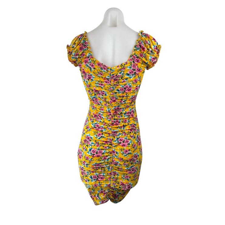 Leyva's Multicolor Floral Short Puff Sleeve Y2k Ruched Mini Bodycon Dress Size S