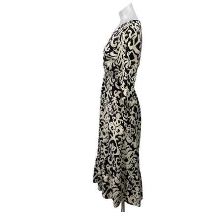 Zuiki Black White Tapestry Print 3/4 Sleeve V Neck Faux Wrap A Line Midi Dress S