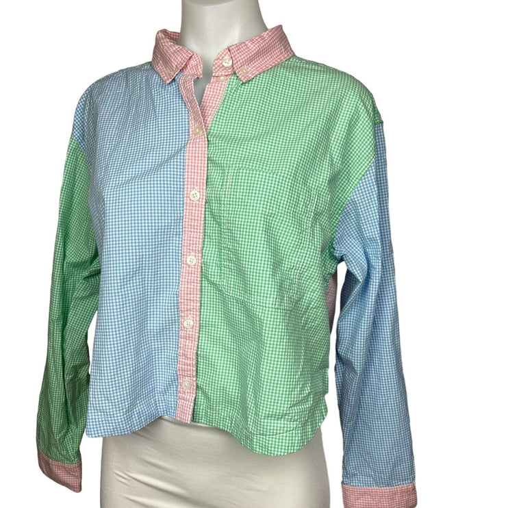 American Eagle Womens Green Blue Pink Gingham Colorblock Button Up Shirt Size M