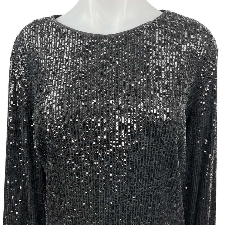 H&M Black Sequin Mesh Crewneck Zipper Long Sleeve Evening Party Shift Dress XL