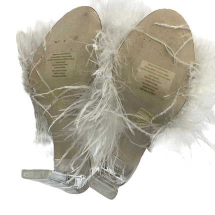 Jeffrey Campbell Chauffeur White Faux Fur Feather Slide Heel Sandals Size 6.5