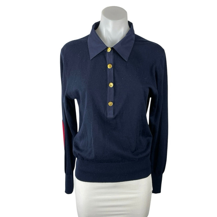 Boast Women's Navy Blue Knit Long Sleeve Button Front Polo Sweater Top Size M