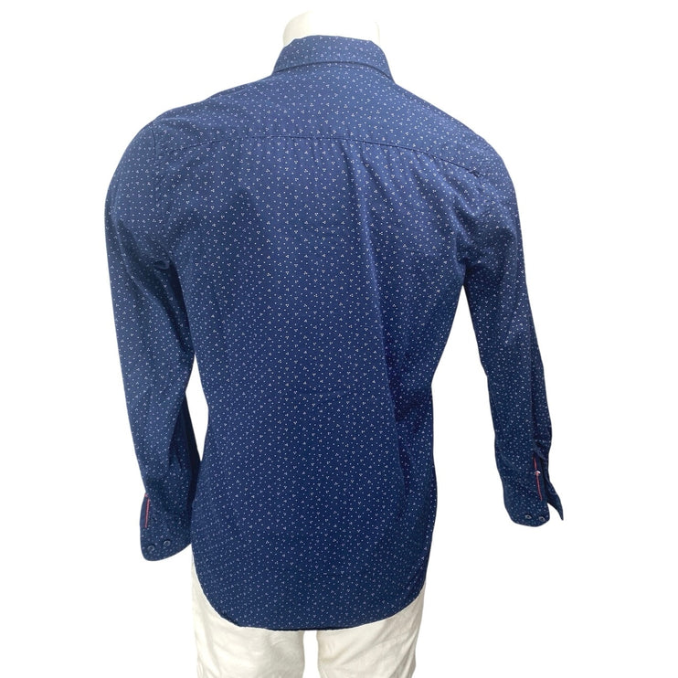 Denim & Flower Men Blue Polka Dots Slim Long Sleeve Button Up Dress Shirt Top S