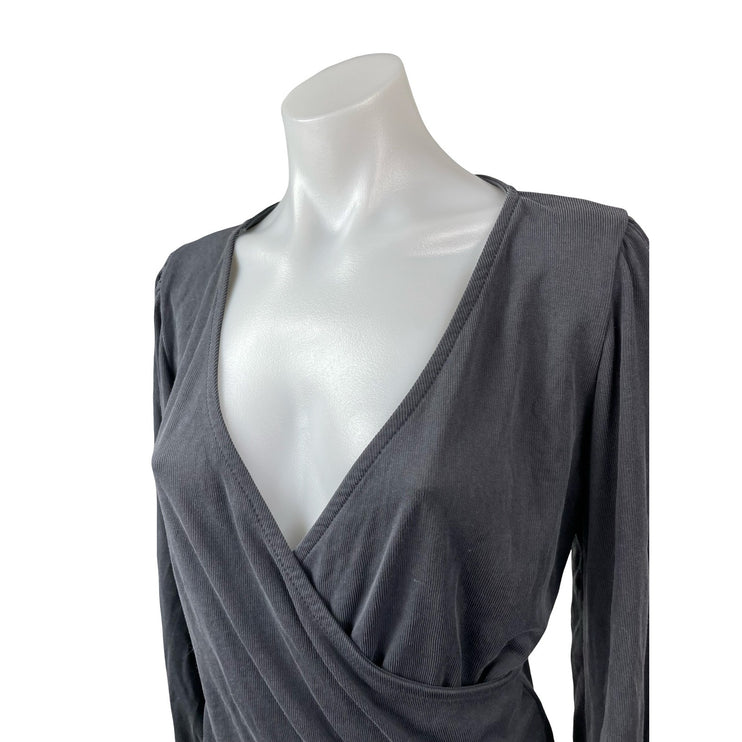 PST Women's Gray Long Sleeve Drape Faux Wrap V Neck Blouse Bodysuit Top Size M