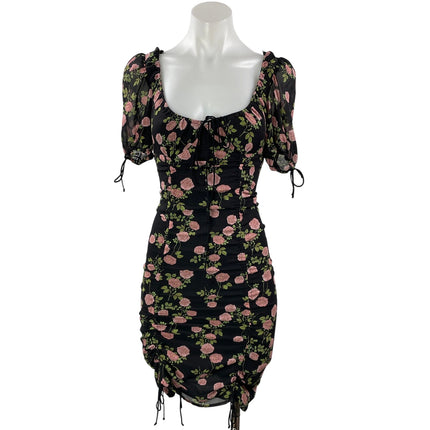 For Love & Lemons Biscotti Black Silk Floral Fitted Ruched Mini Bodycon Dress XS