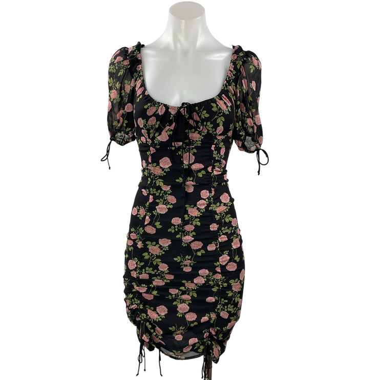 For Love & Lemons Biscotti Black Silk Floral Fitted Ruched Mini Bodycon Dress XS