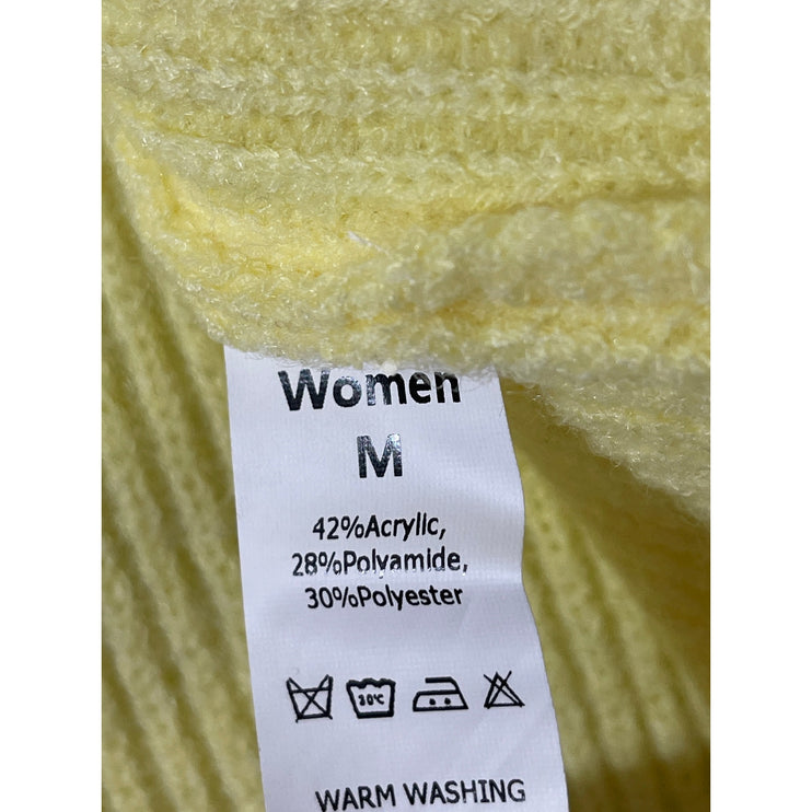 Women's Yellow Ribbed Knit Short Sleeve Button Down Blouse Shirt Top Size M