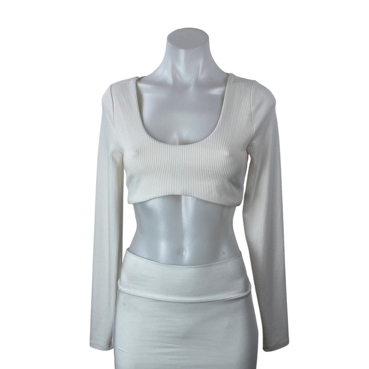 Alo Womens White Long Sleeves Activewear Ribbed Knit Scoop Neck Crop Top Size S