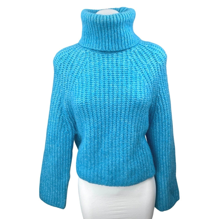 Zara Women's Blue Ribbed Knit Long Sleeve Turtleneck Foldover Sweater Top Size S