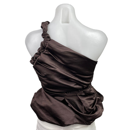 Womens Brown Satin Asymmetric Twisted One Shoulder Ruched Sleeveless Tank Top XS