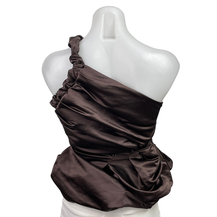 Womens Brown Satin Asymmetric Twisted One Shoulder Ruched Sleeveless Tank Top XS