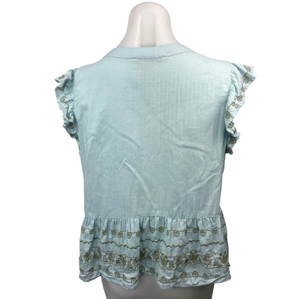 Ann Taylor LOFT Blue Ruffle Embroidered Button Down Peplum Blouse Top Size M