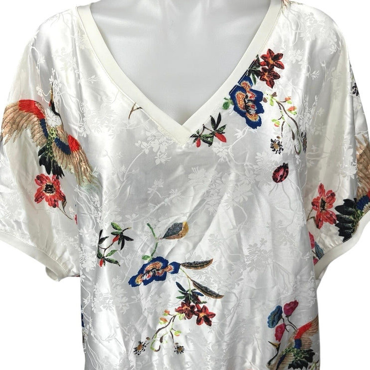 NEW Golbary Floral Silk Satin Jacquard Floral Short Sleeve V Neck Blouse Top 3