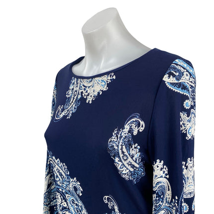 Roz & Ali Petite Women's Blue White Paisley 3/4 Bell Sleeves Midi Shift Dress 6
