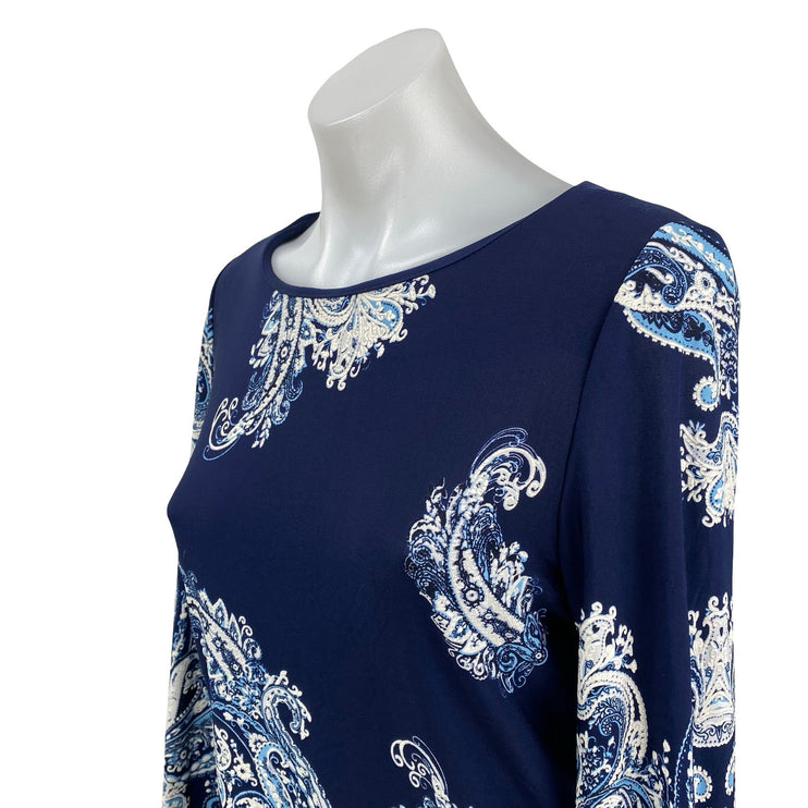 Roz & Ali Petite Women's Blue White Paisley 3/4 Bell Sleeves Midi Shift Dress 6