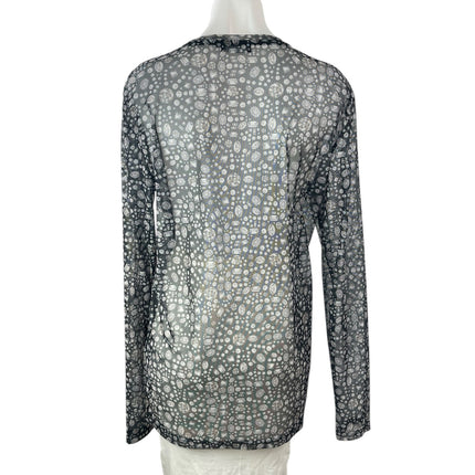 Le31 Par Simons Black Mesh Sheer Jewel Diamond Print Long Sleeve Blouse Top M