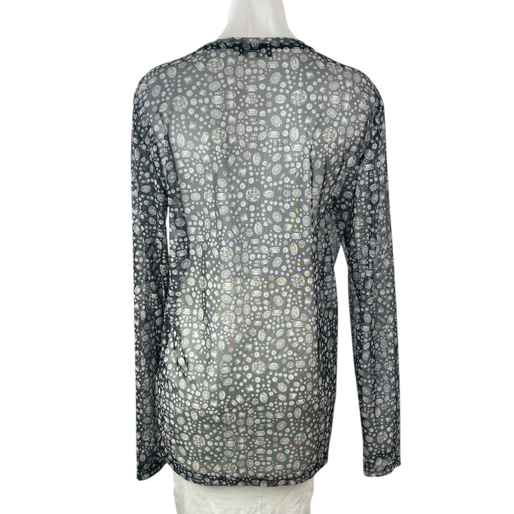 Le31 Par Simons Black Mesh Sheer Jewel Diamond Print Long Sleeve Blouse Top M
