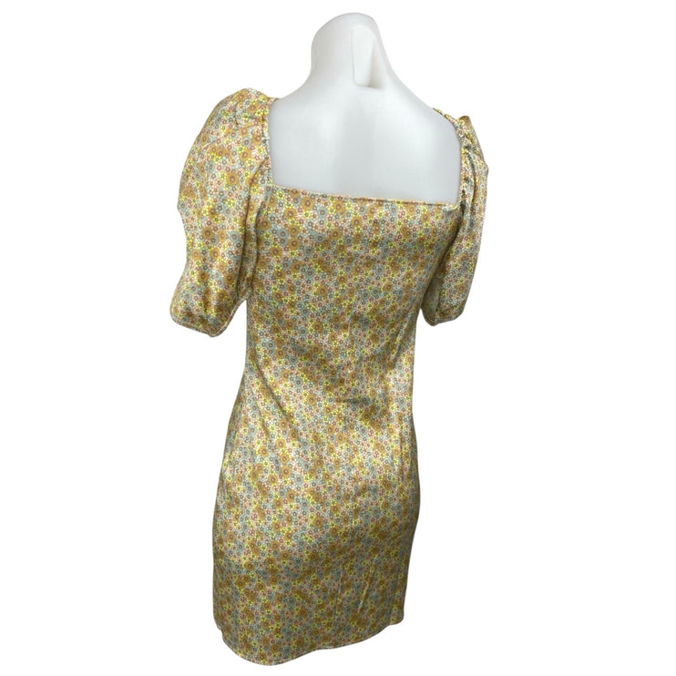 Zara Yellow Floral Silk Satin Short Puff Sleeve Bustier Mini Bodycon Dress Sz M