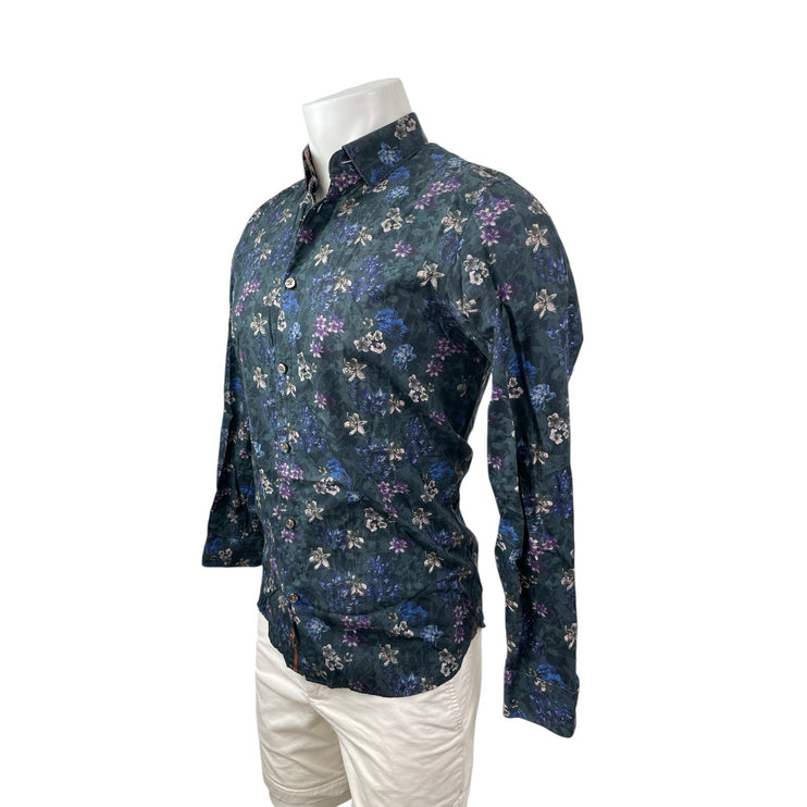 Ted Baker Men's Blue Floral Long Sleeve Modern Fit Button Down Shirt Top Size 15