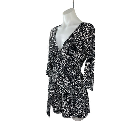 Gilli Black White Polka Dots Long Sleeve V Neck Tie Waist Romper Shorts Size S
