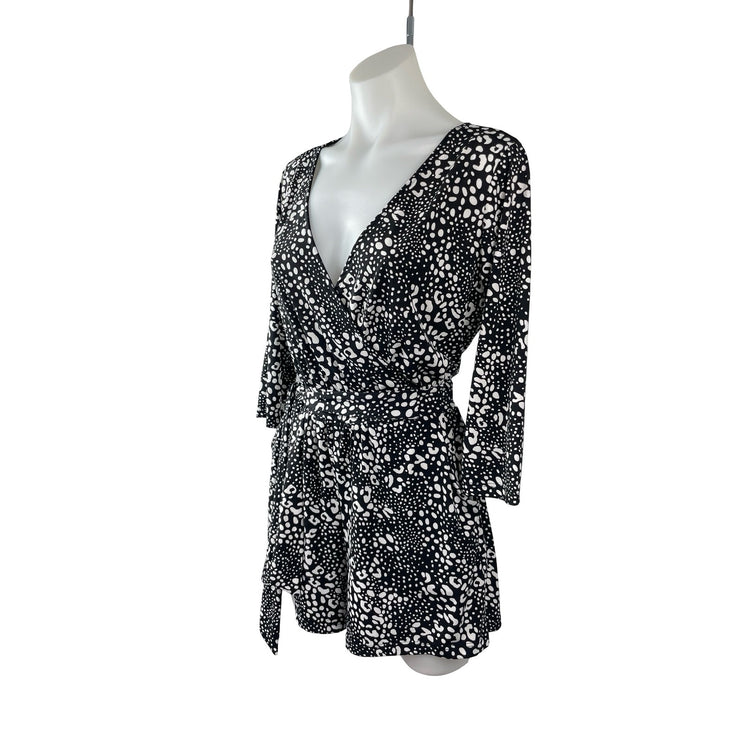 Gilli Black White Polka Dots Long Sleeve V Neck Tie Waist Romper Shorts Size S