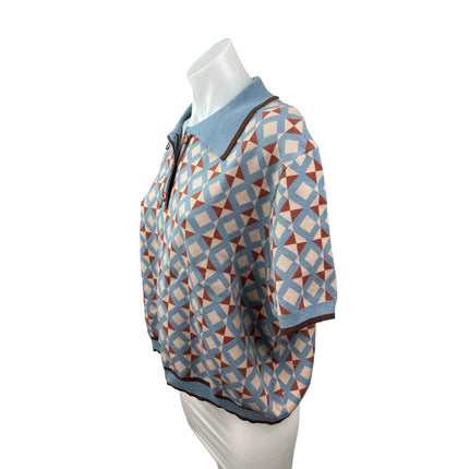 Cider Women's Blue Short Sleeve Argyle Collar Loose Polo Shirt Sweater Size 4XL