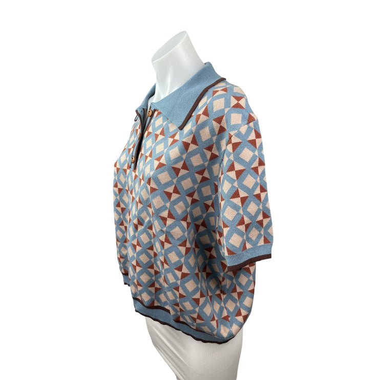 Cider Women's Blue Short Sleeve Argyle Collar Loose Polo Shirt Sweater Size 4XL