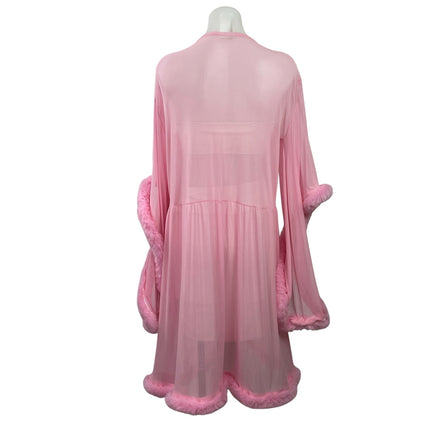 Womens Pink Faux Fur Sheer Mesh Marabou Feather Cover Up Kimono Sleepwear Robe L