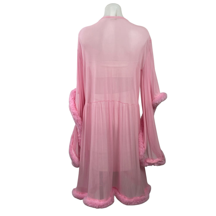 Womens Pink Faux Fur Sheer Mesh Marabou Feather Cover Up Kimono Sleepwear Robe L