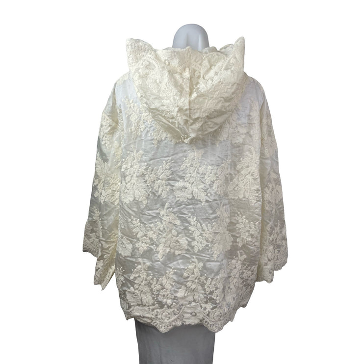 NEW Chenopod Ivory Floral Lace Hooded Long Sleeve Button Down Poncho Cape Top M