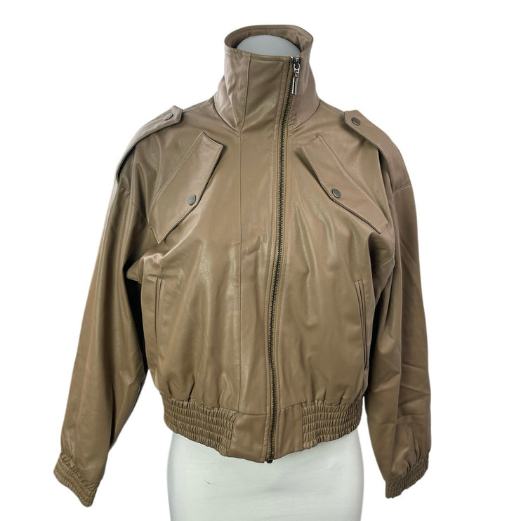 Nonchalant Women's Beige Tan Faux Leather Vegan Full Zip Bomber Jacket Size S