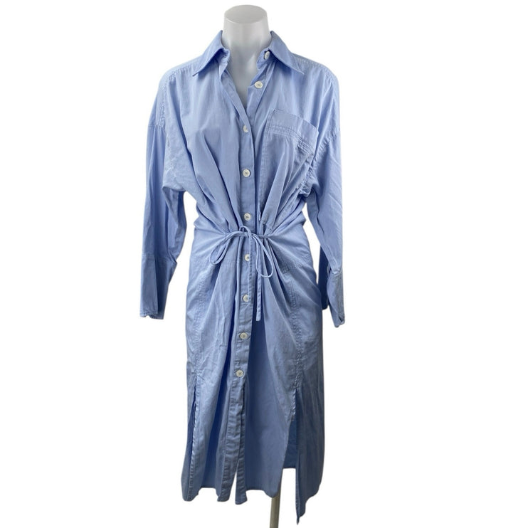 Zara Womens Blue Long Sleeve Tie Waist Slit Button Down Midi Shirt Dress Size XS